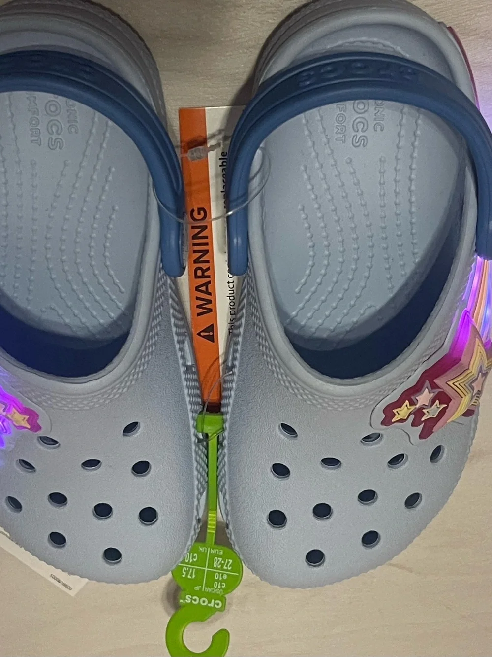 CROCS Kids Light Up Clogs with Blue Heel Straps and Multicolor Star Charms